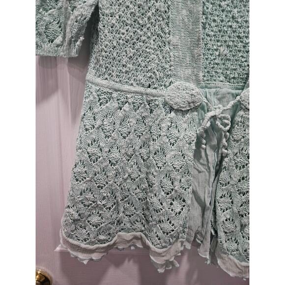 Soft Surroundings Pastel Green Teal Short Sleeve Cardigan Sweater Size M Crochet - Picture 4 of 12